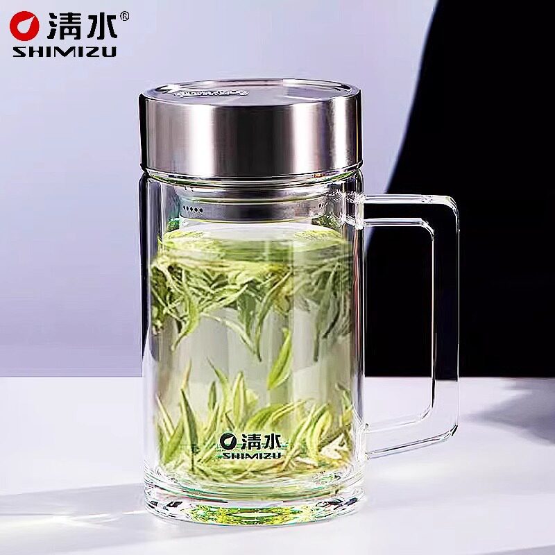 清水双层高硼硅玻璃茶水杯带把手