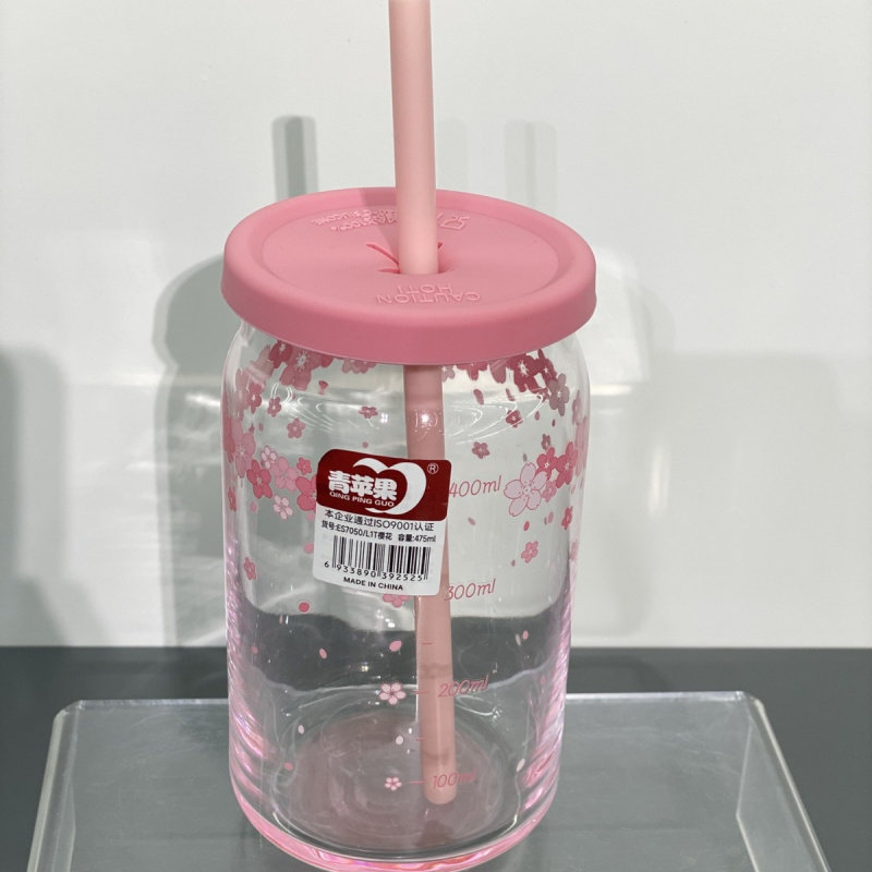 青苹果吸管杯玻璃杯耐热水杯牛奶咖啡刻度杯加盖可爱早餐杯