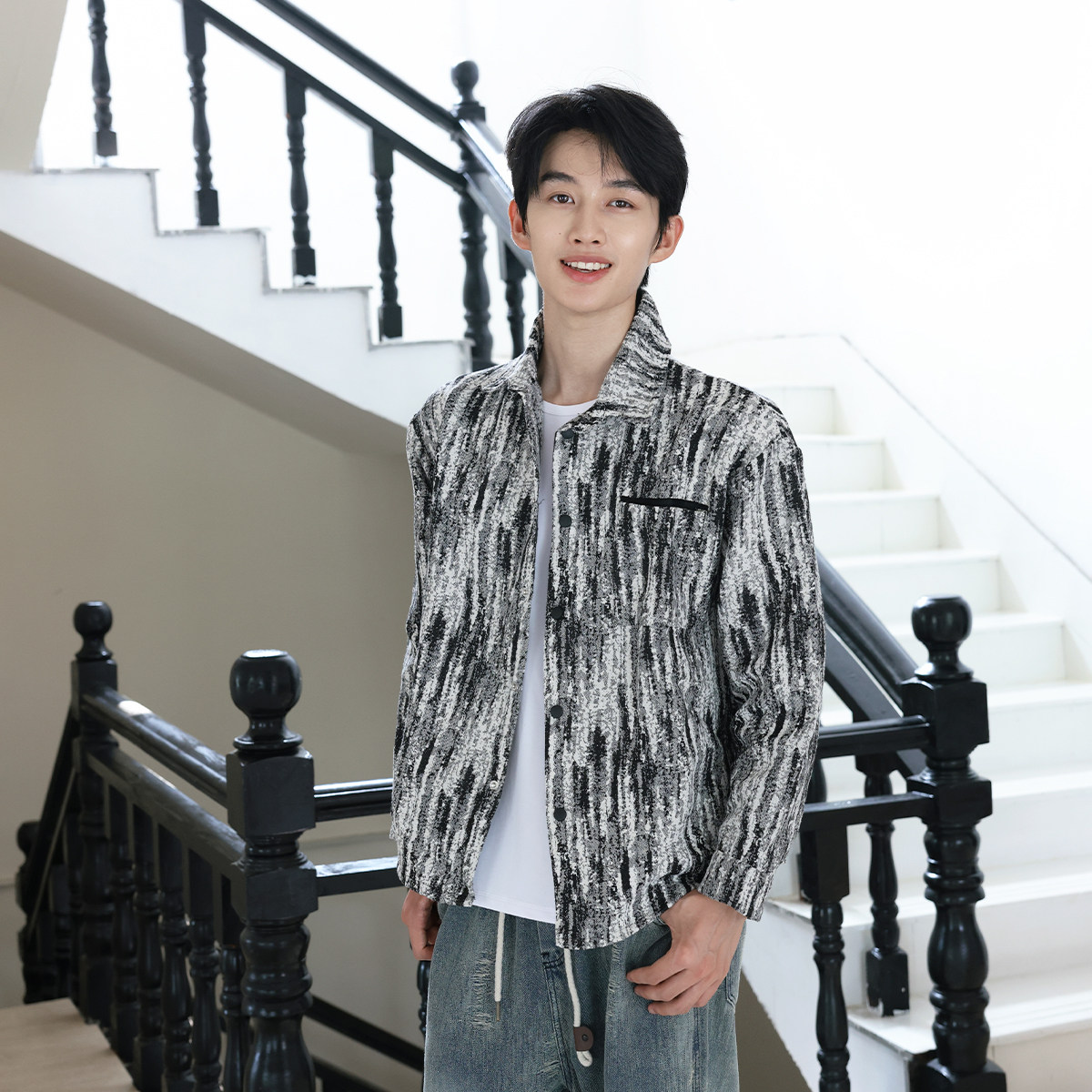 VANNYBUNNY花纹外套男士春秋休闲工装夹克牛仔宽松潮流复古港风