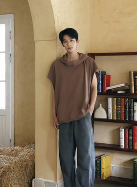 VANNYBUNNY男士坎肩美式复古休闲连帽无袖夏季纯色运动百搭宽松