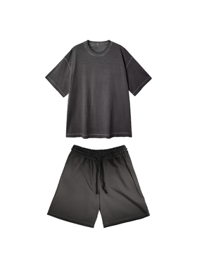 VB短袖短裤套装做旧水洗男士休闲运动套装简约基础夏季宽松灰色