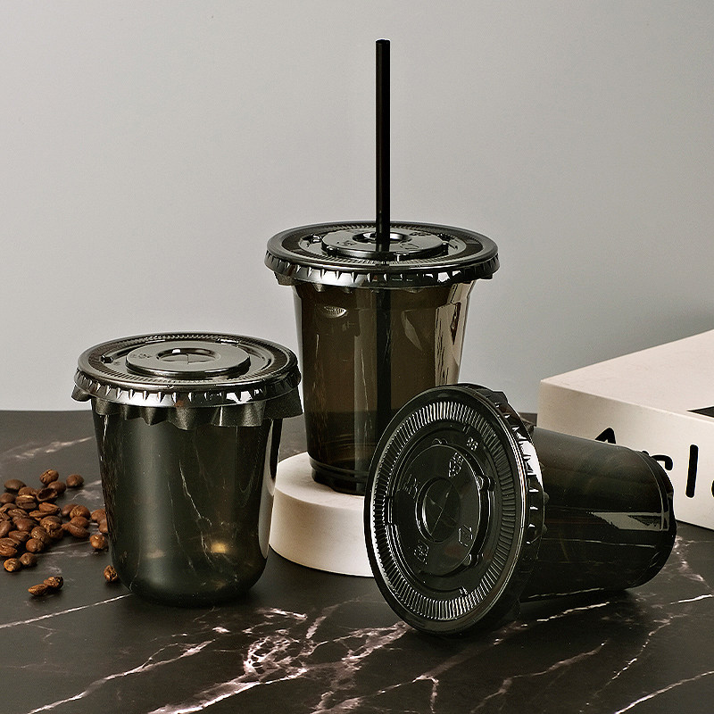 黑色一次性咖啡杯黑武士PET奶茶杯外卖饮品U型塑料冷饮杯带盖商用