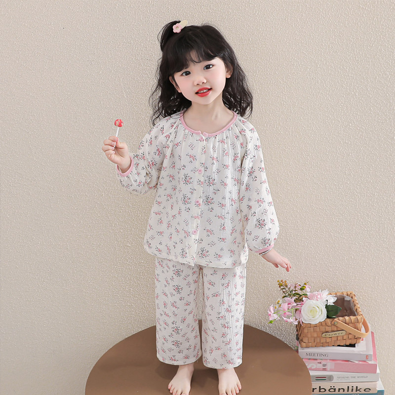 女童纯棉碎花睡衣套装2026新款花边儿童家居服女宝宝保暖长袖开衫