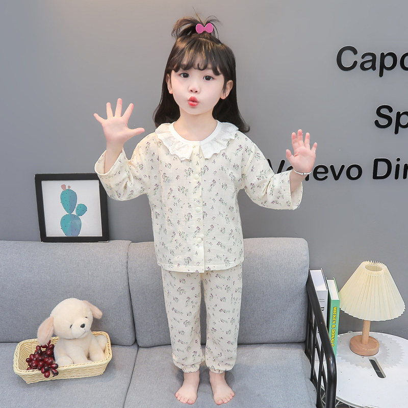 女童纯棉碎花睡衣套装2026新款花边儿童家居服女宝宝保暖长袖开衫
