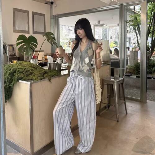 IWTFF 条纹打褶系带长裤 间色条纹棉麻质感 微弯刀休闲裤