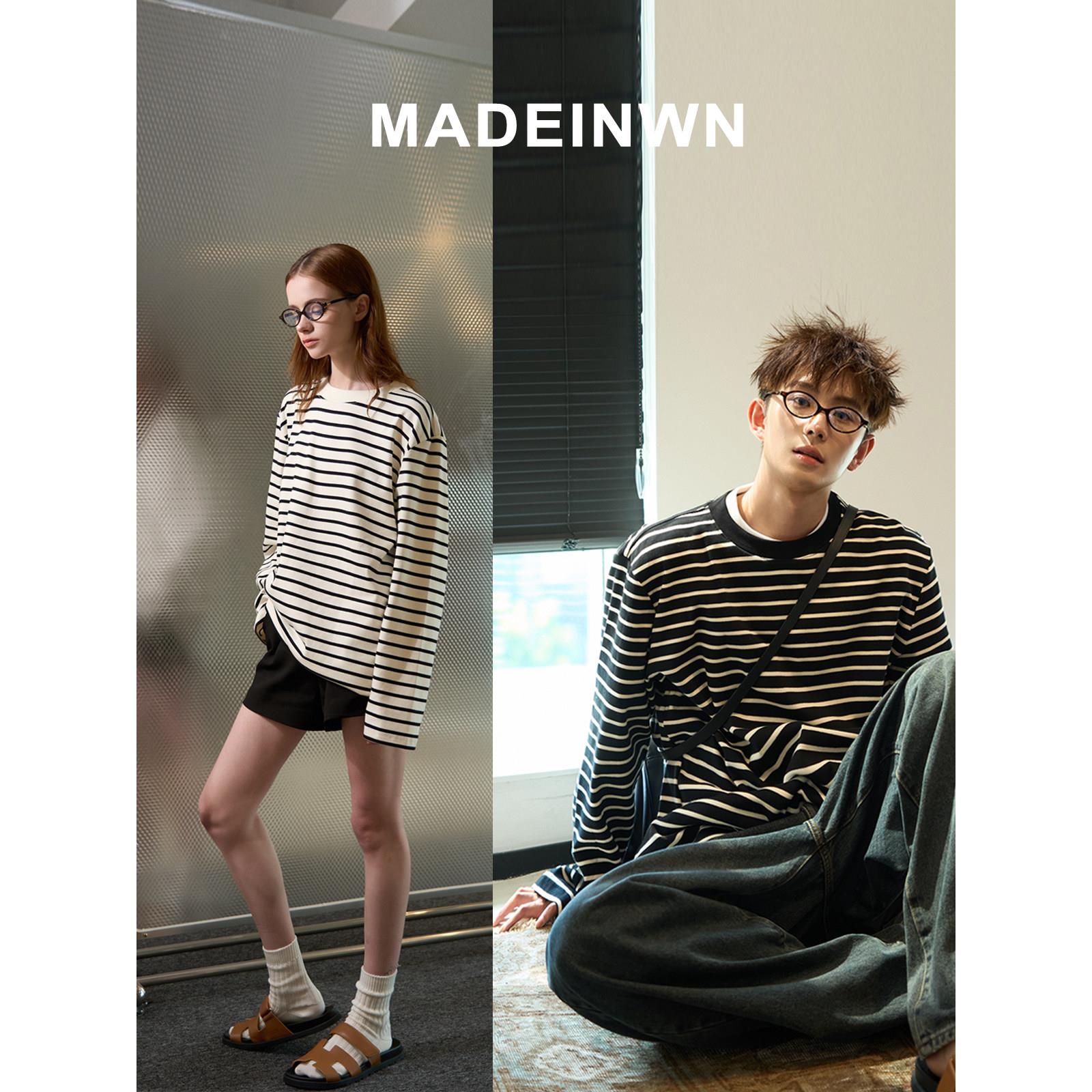 MADEINWN 黑白横条纹圆领宽松休闲T恤简约百搭基础款长袖打底tee