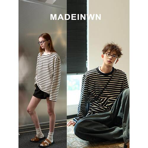 MADEINWN 黑白横条纹圆领宽松休闲T恤简约百搭基础款长袖打底tee