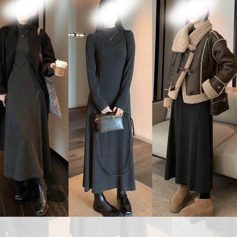 2025冬天加厚假两件高领针织连衣裙女秋冬黑色长袖修身显瘦中长款