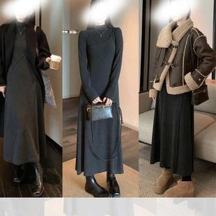 2025冬天加厚假两件高领针织连衣裙女秋冬黑色长袖修身显瘦中长款