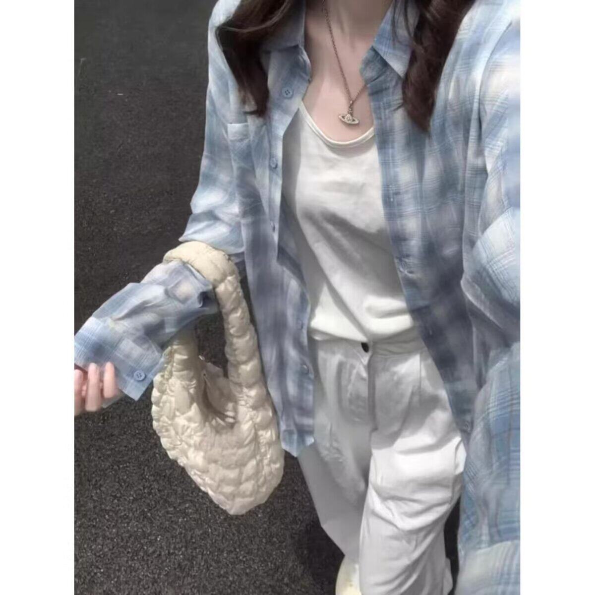 春秋薄款防晒外套长袖上衣女宽松慵懒蓝色条纹衬衫设计感休闲衬衣