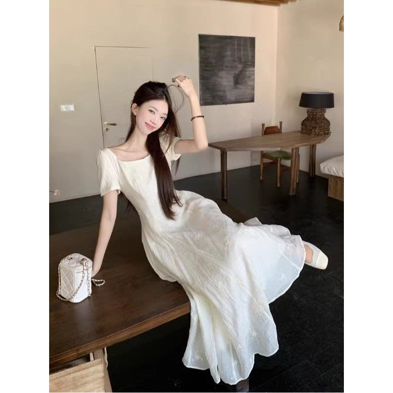 大码茶歇法式连衣裙女夏季梨形身材仙女裙胖MM遮肚显瘦高级感裙子
