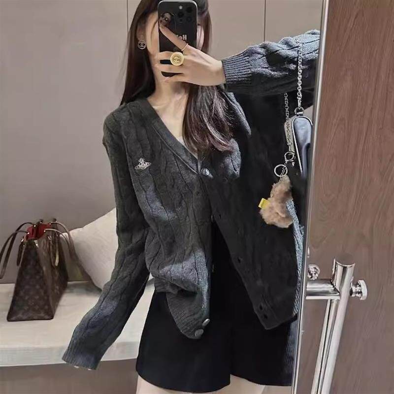 新款秋冬季针织韩版开衫刺绣外套慵懒学宽松复古刺绣麻花毛衣上衣