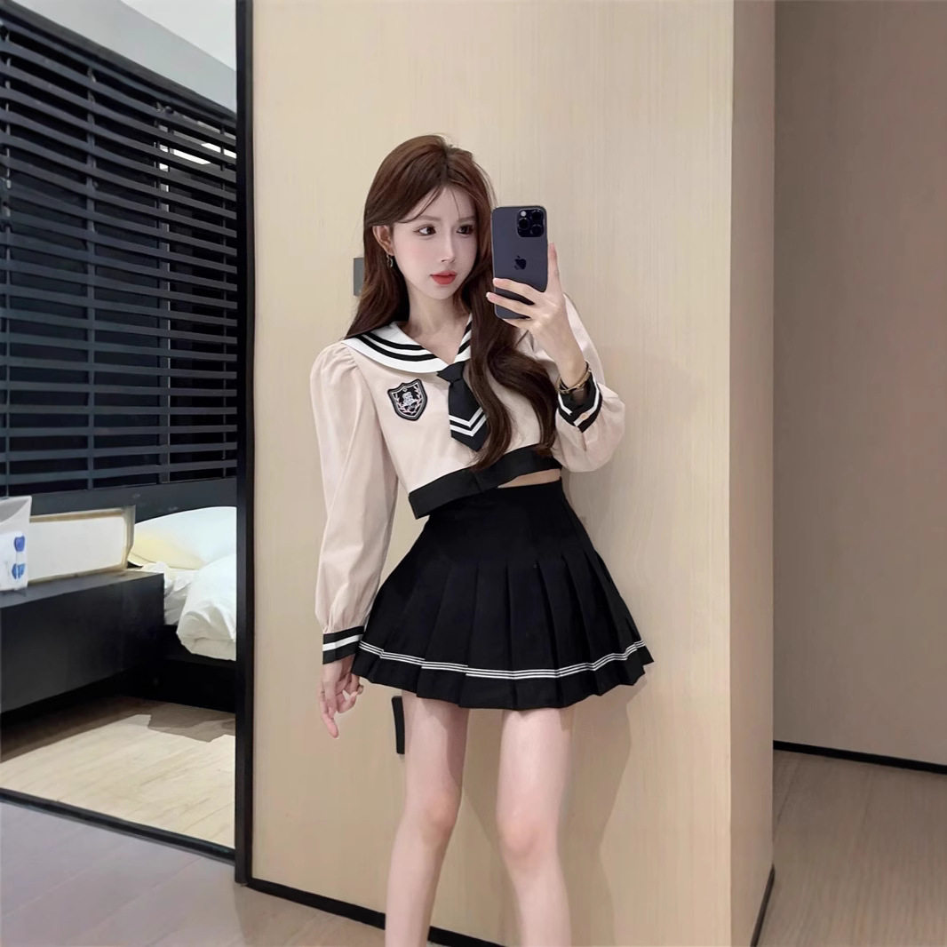 新款学院风辣妹制服套装宽松海军领上衣高腰jk百褶短裙显瘦两件套