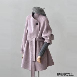 粉紫色中长款毛呢外套女冬季大码胖mm韩系高级感时髦减龄呢子大衣