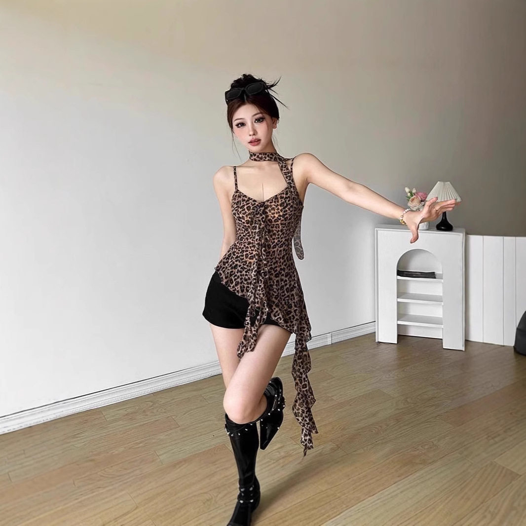 美式复古风V领豹纹小吊带女夏季不规则修身显瘦百搭薄款网纱上衣