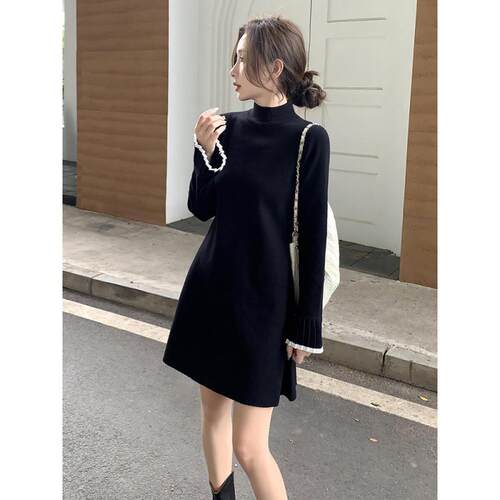 春秋新款内搭针织连衣裙女小黑裙中长款打底小个子毛衣a字毛衣裙
