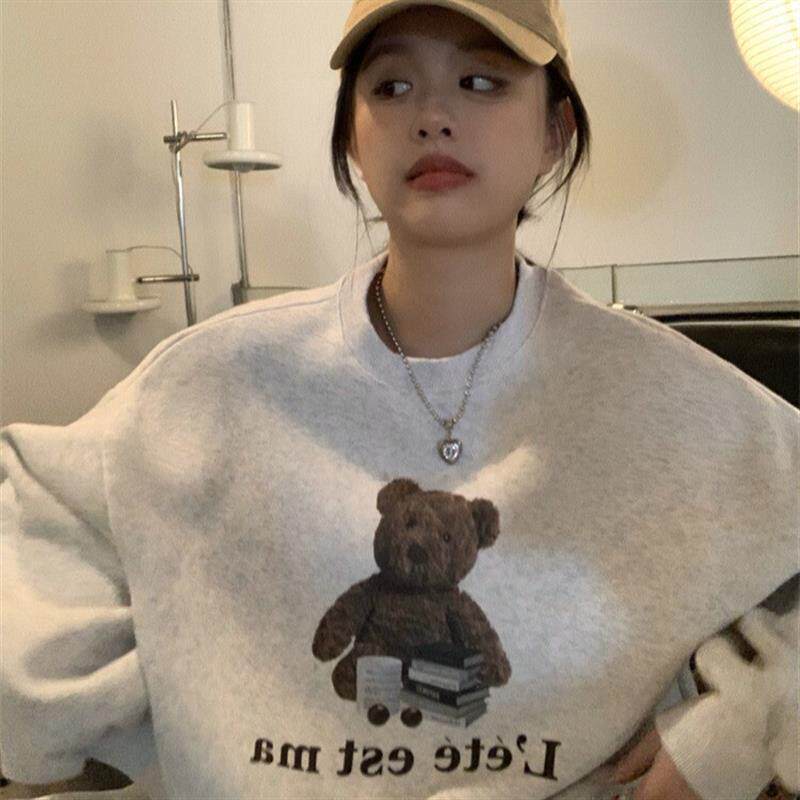 2025秋季新款小熊印花圆领慵懒风卫衣女韩版宽松加绒显瘦长袖上衣