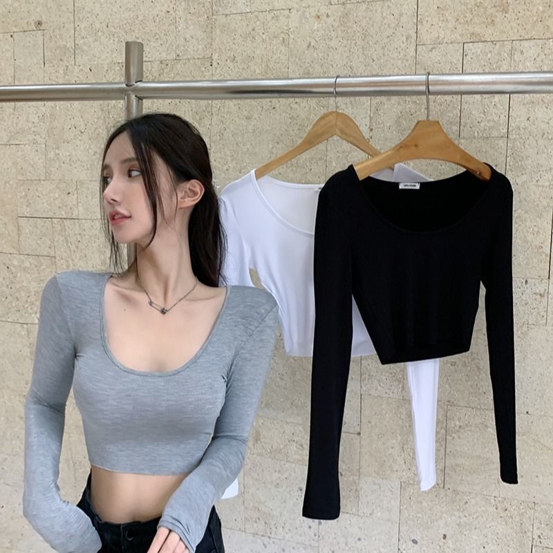 欧美辣妹风U领灰色t恤女秋紧身修身长袖打底衫短款低胸露背上衣