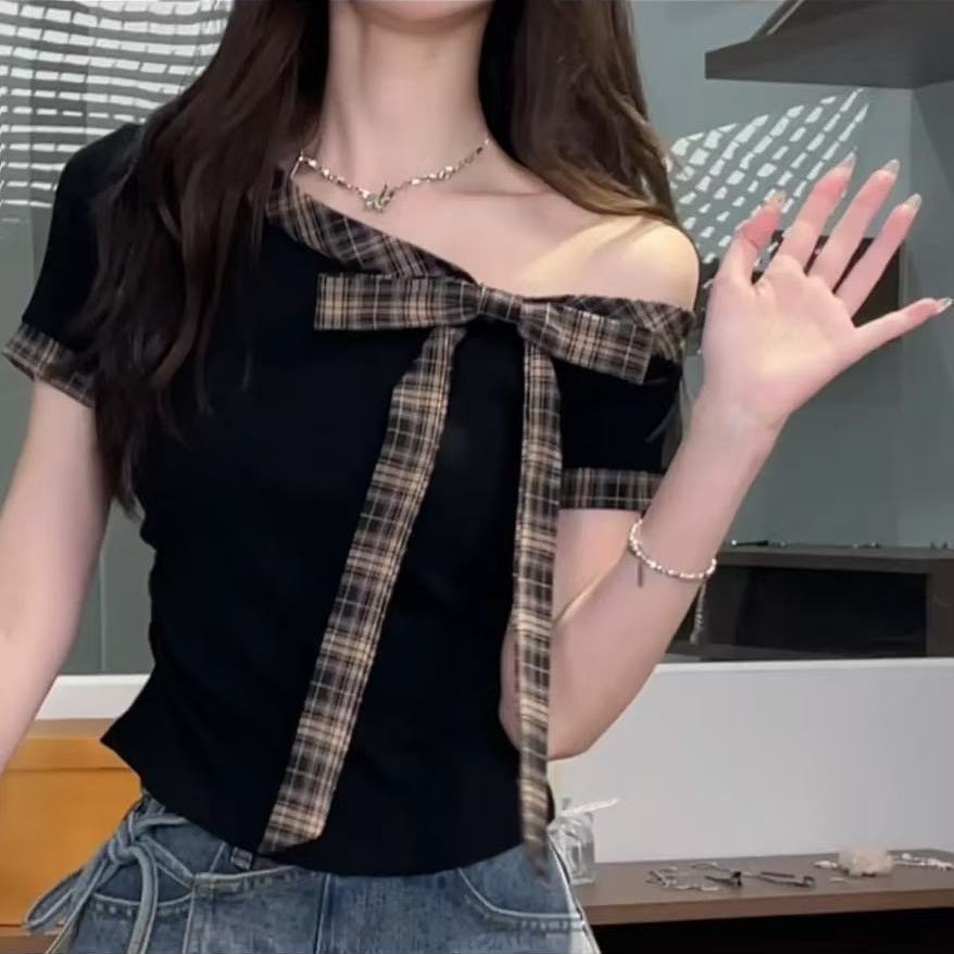 甜美风拼接条纹绑带蝴蝶结设计感短袖t恤女夏季气质显瘦上衣