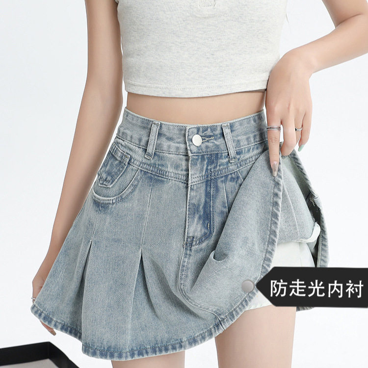 浅蓝小众设计感牛仔短裙女春夏新款高腰防走光美式insA字百褶裙潮
