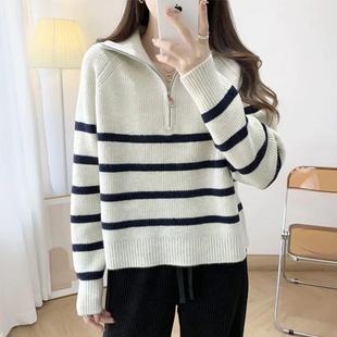韩系条纹半拉链套头毛衣女2025秋冬新款慵懒风宽松复古短款针织衫