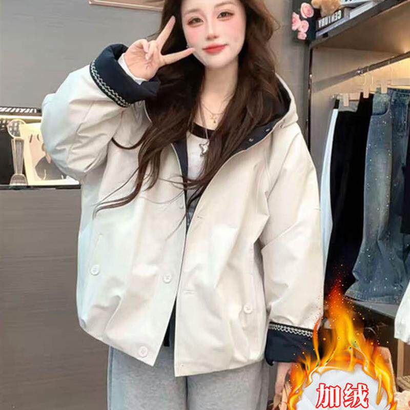 加绒加厚连帽派克服外套女2025冬季新款韩版休闲宽松夹克棉服棉衣