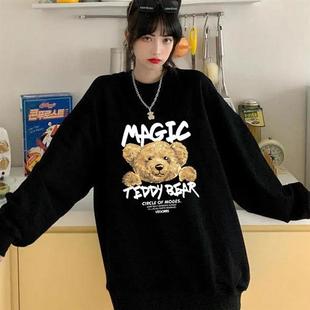 黑色复古美式小熊印花圆领卫衣女秋冬新款加绒加厚原宿风情侣上衣