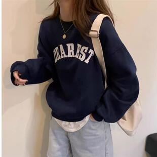 半高领加绒加厚中长款卫衣女秋冬新款宽松减龄印花百搭遮屁股上衣