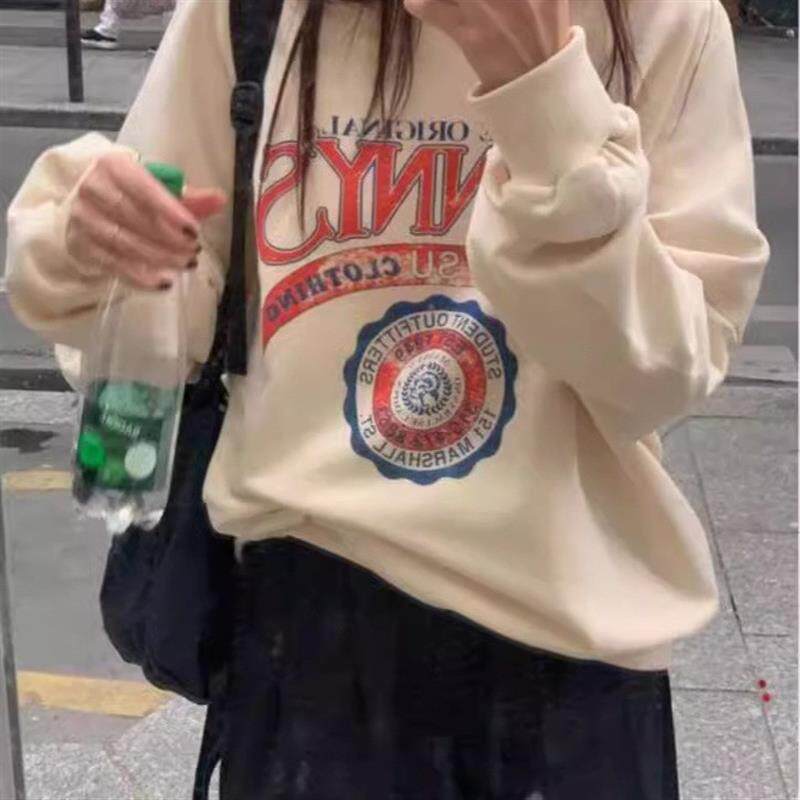 2025年秋冬季新款加绒加厚套头圆领卫衣女学生韩国盐系宽松上衣女