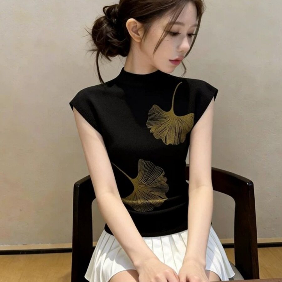 黑色针织短袖t恤女夏季内搭印花百搭坎肩体恤今年流行漂亮的上衣