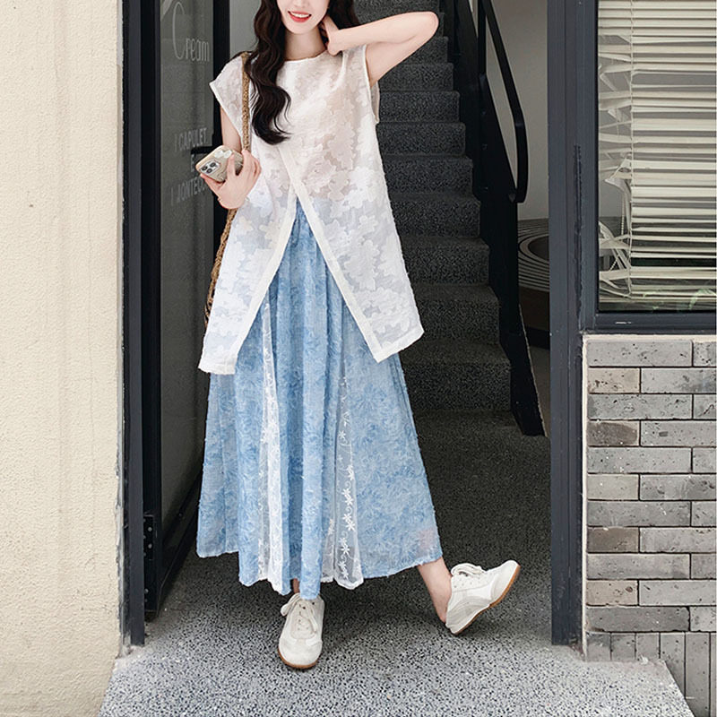 洋气减龄巨好看无袖蕾丝上衣半身裙套装女夏新款温柔风两件套