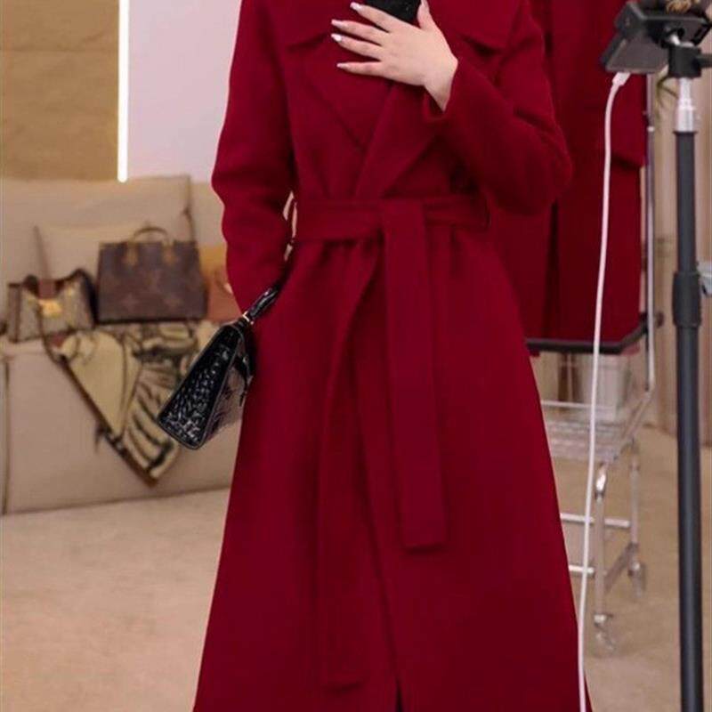 新年红色喜庆毛呢外套女2025秋冬新款气质减龄宽松显瘦呢子大衣女