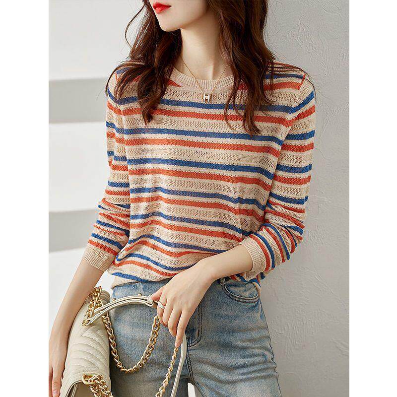 条纹针织衫女春秋款镂空薄款打底衫拼接长袖上衣百搭洋气短款毛衣