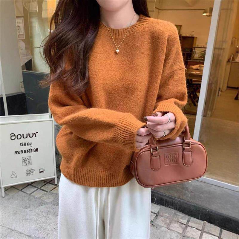 韩版秋冬宽松圆领糖果色毛衣女2025新款慵懒风长袖软糯针织衫上衣