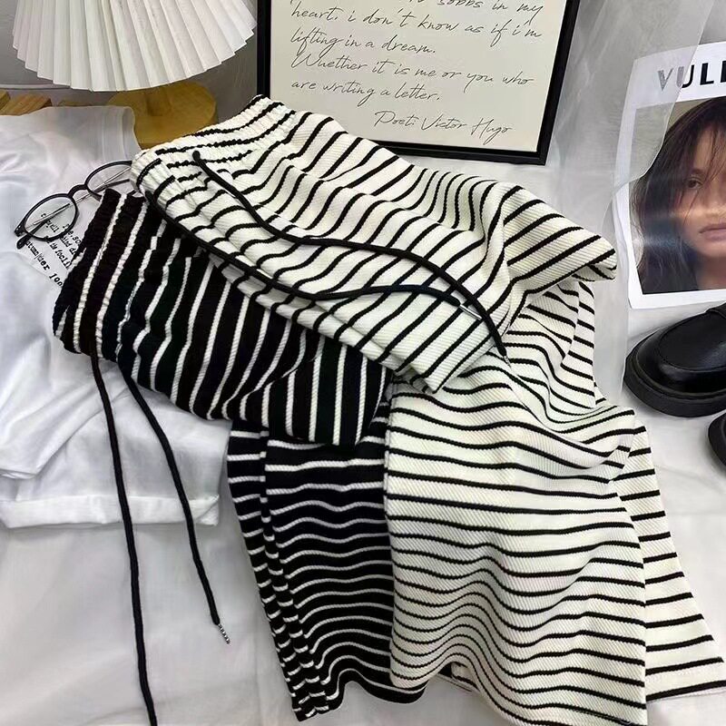 黑白条纹休闲裤女2026春夏高腰直筒毛巾裤宽松垂感阔腿裤拖地长裤