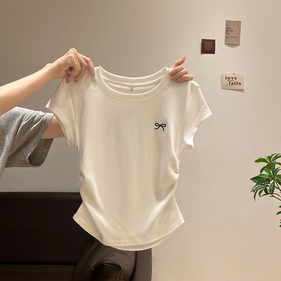 拉夏贝尔奶黄正肩短袖T恤女夏季2026新款修身褶皱收腰蝴蝶结上衣
