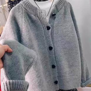 休闲洋气爱心纽扣针织开衫 2025秋季 显瘦韩版 绿色加厚毛衣女装 新款