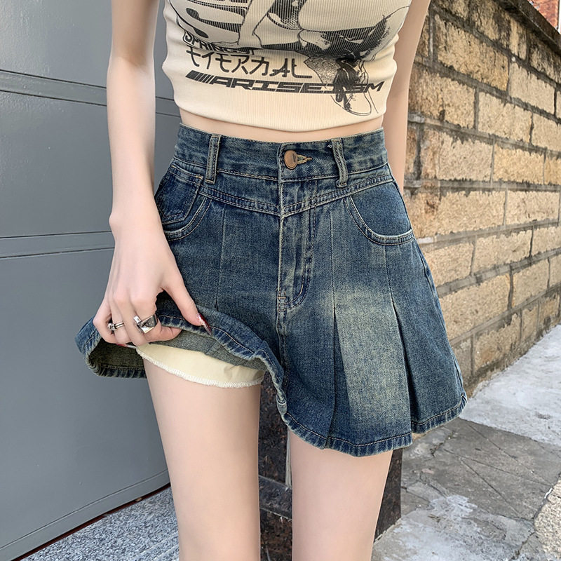 复古牛仔短裙女2025年夏季新款高腰显瘦外穿防走光a字百褶半身裙