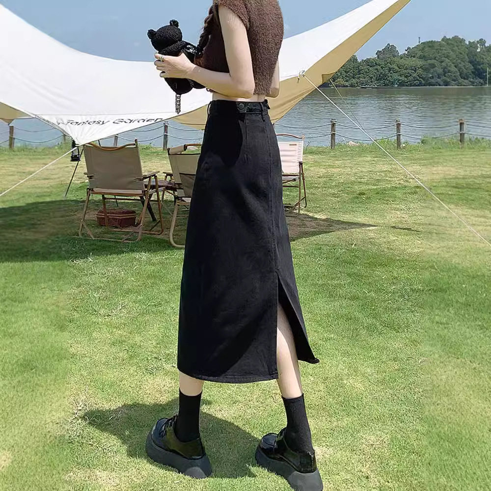 黑色开叉牛仔半身裙女秋季中长款2026年新款百搭小个子高腰包臀裙