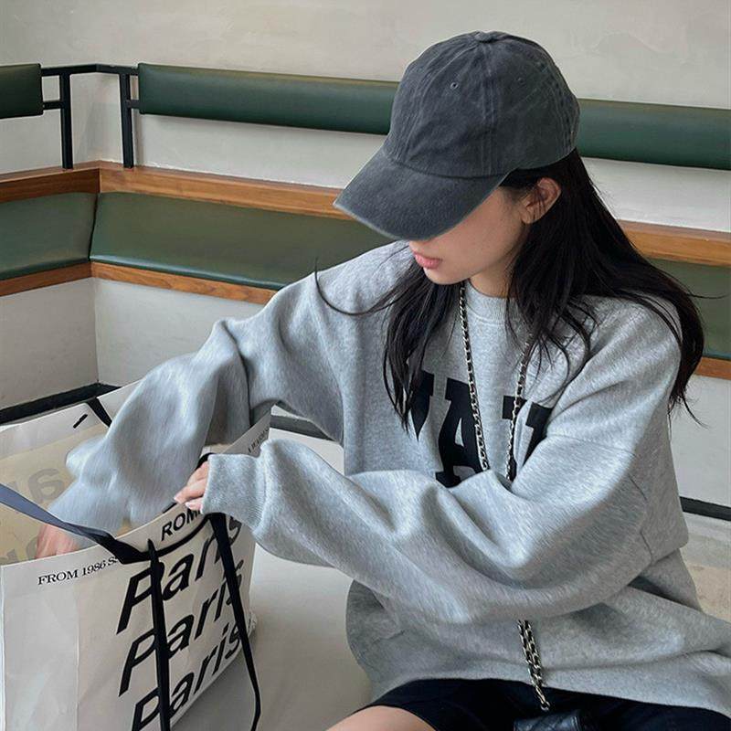 灰色圆领套头无帽卫衣女春秋正肩宽松oversize秋季长袖中长款上衣