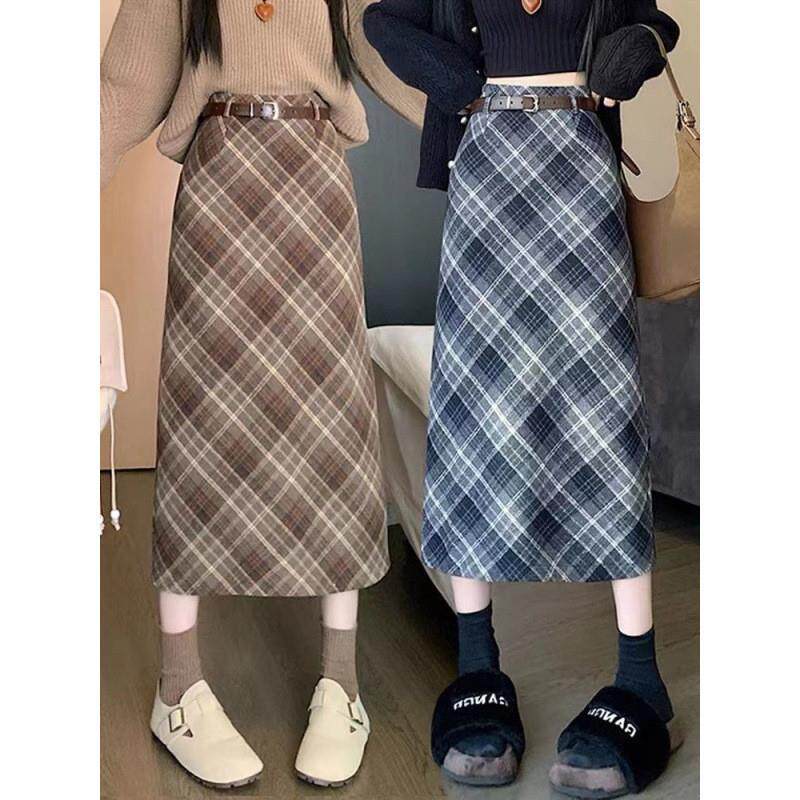 格子复古毛呢半身裙秋冬新款开叉高腰字裙中长款长裙
