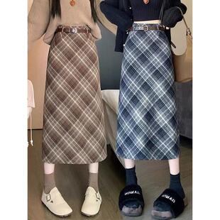 格子复古毛呢半身裙秋冬新款开叉高腰字裙中长款长裙