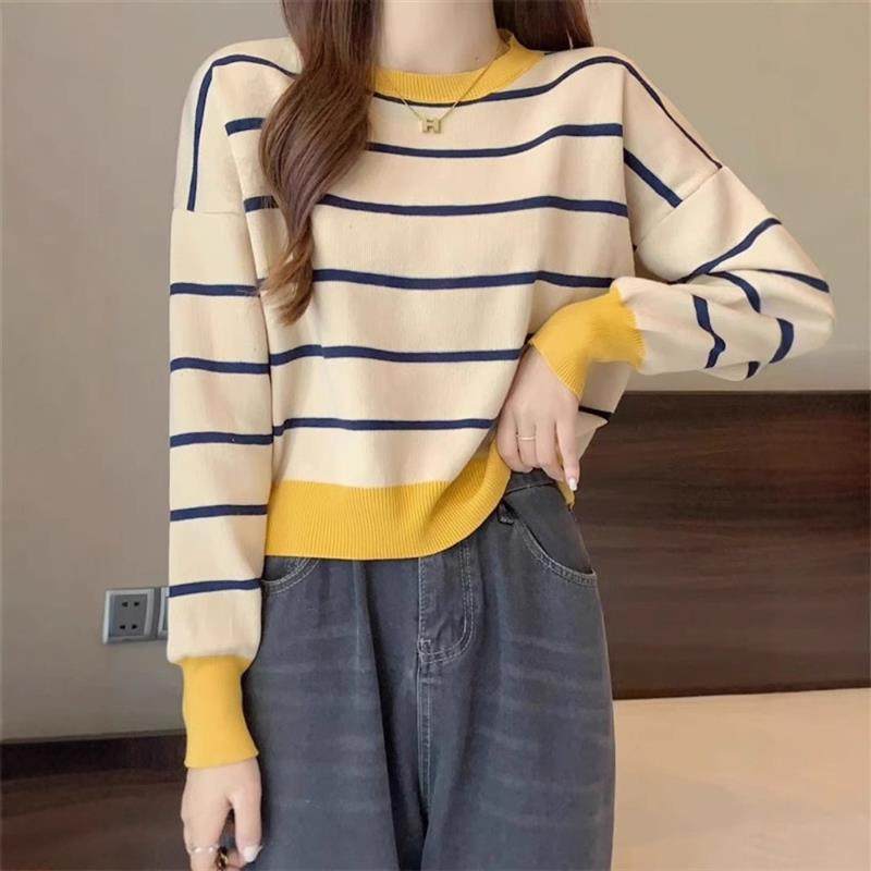 圆领条纹套头短款长袖修身针织打底衫女秋冬季女装新款毛衣上衣女