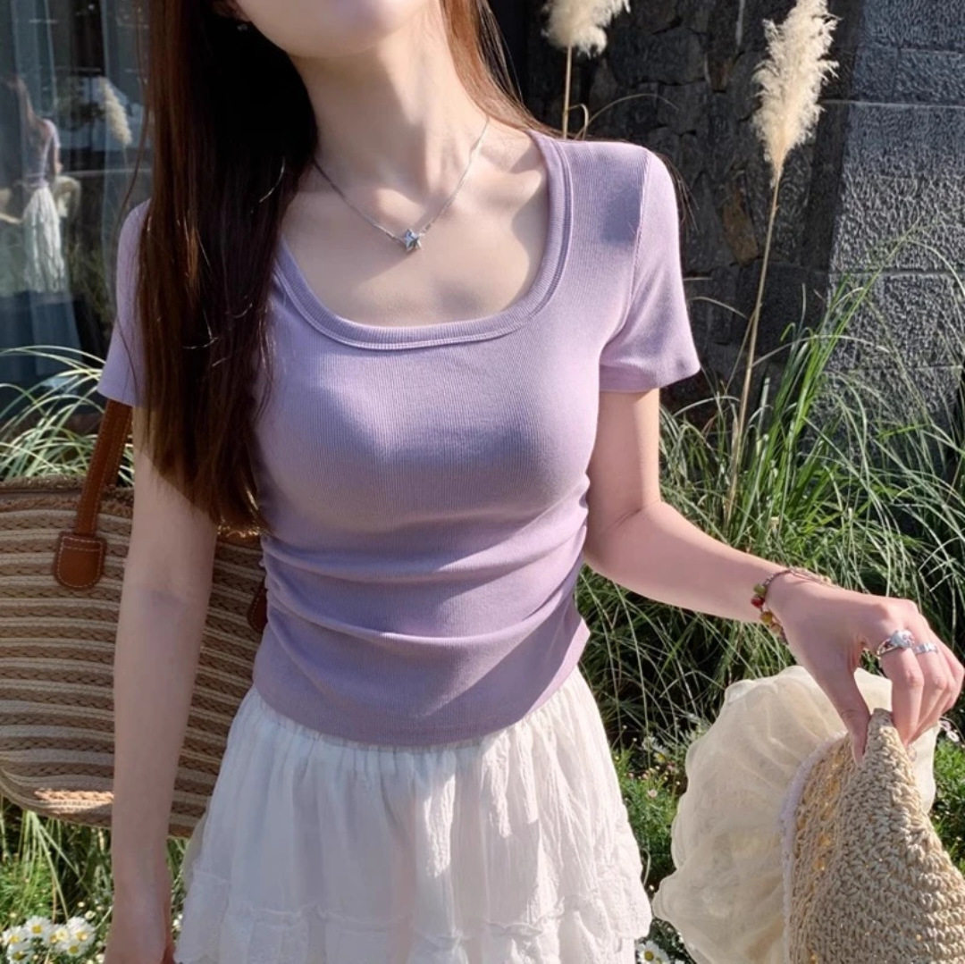 严选紫色T恤短袖女正肩方领收腰褶皱修身露锁骨小蛮腰温柔风上衣
