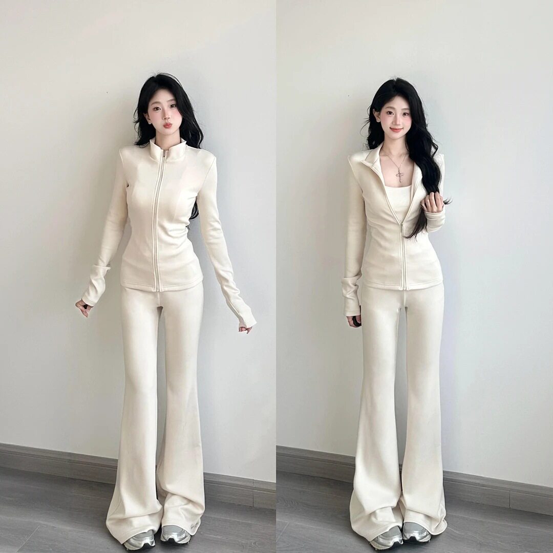 韩系白色休闲运动瑜伽服套装女立领外套喇叭裤2025早秋穿搭一整套
