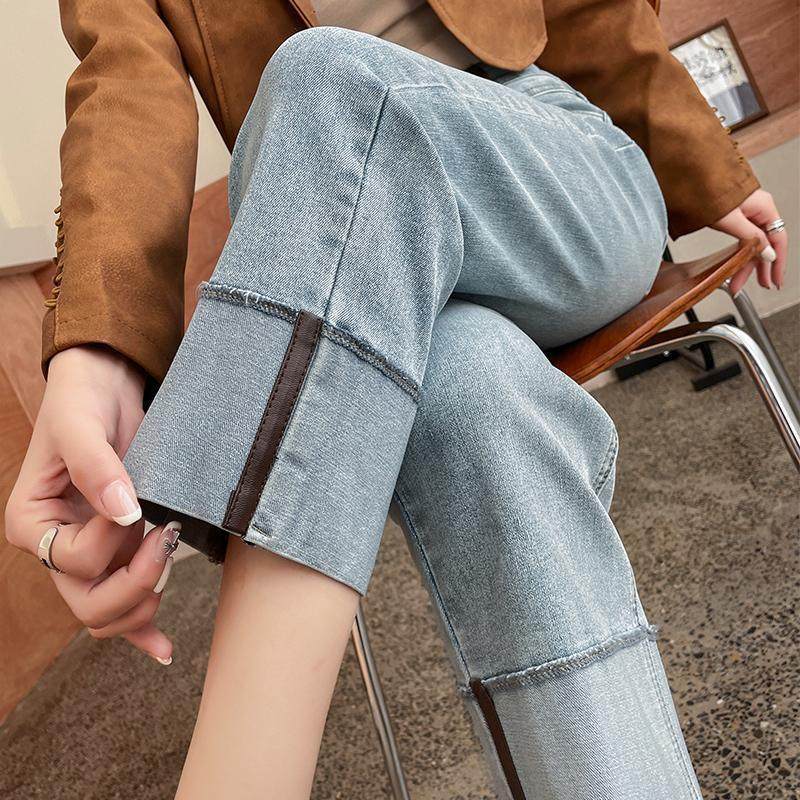 窄版直筒牛仔裤女春装2025新款小个子春秋高腰修身翻边九分烟管裤