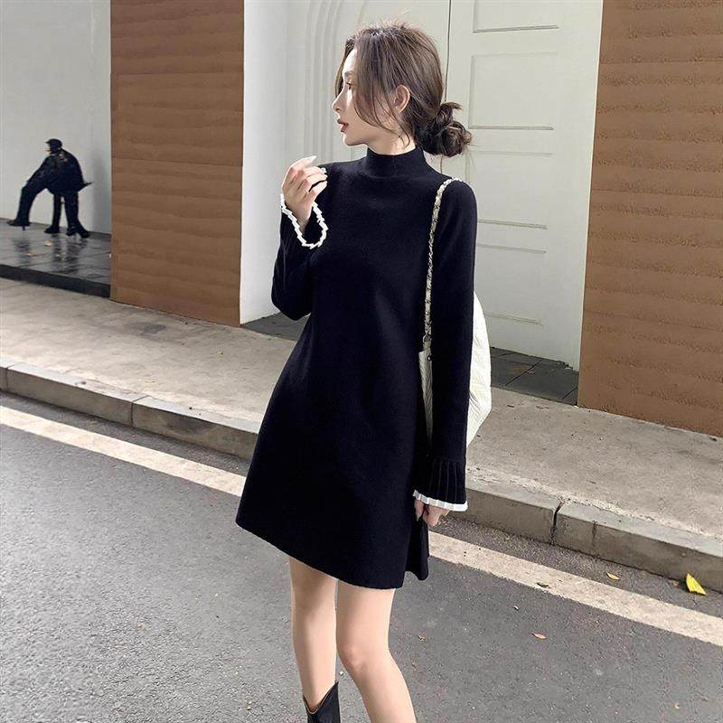 秋冬新款内搭针织连衣裙女小黑裙中长款打底小个子毛衣a字毛衣裙