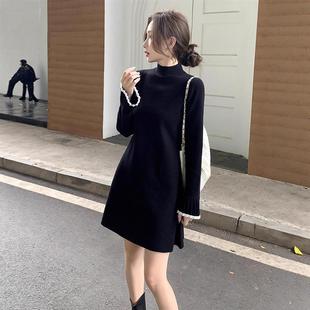 秋冬新款内搭针织连衣裙女小黑裙中长款打底小个子毛衣a字毛衣裙