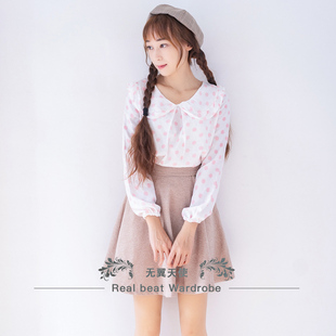 闭店清仓学院风软妹可爱娃娃领长袖 亲肤棉麻波点ins少女上衣 衬衫