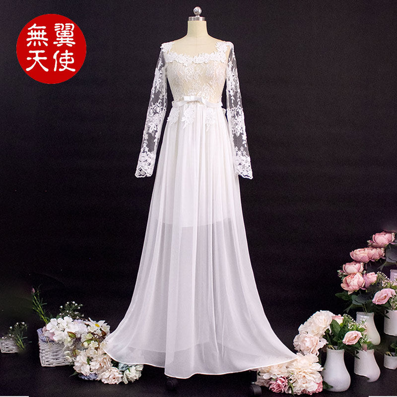 闭店清仓欧美风透视蕾丝雪纺长袖修身白色长裙轻婚纱连衣裙女